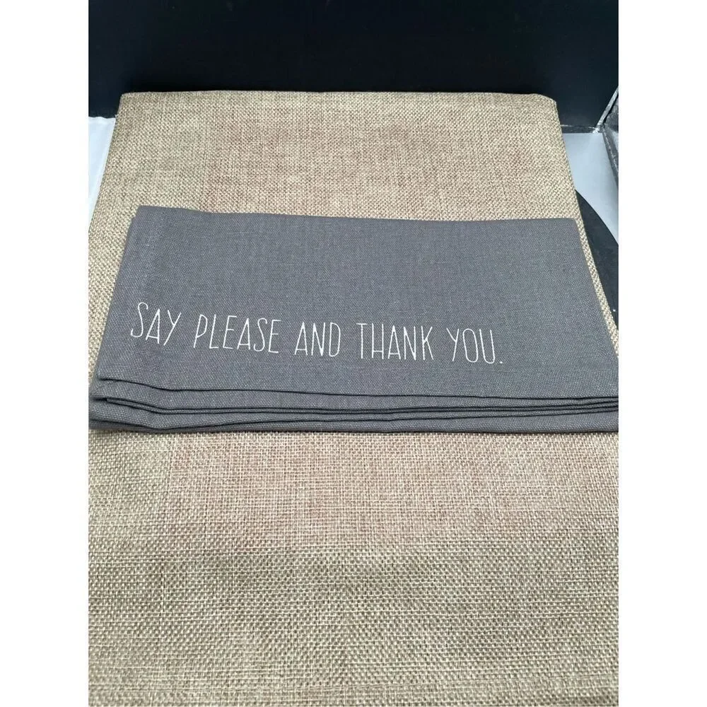 World Market Dinner Napkin Set Gray with Manners Wording 100% Cotton